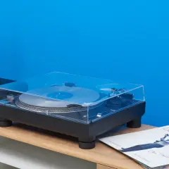 Technics SL-1210GR Plattenspieler mit Vinyl und Pflanzen auf einem Sideboard vor blauer Wand.