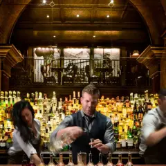 Bartender mixt Drinks hinter einer riesigen Auswahl an Flaschen. Hier gibt es die besten Kollegah Lines für jeden Geschmack.