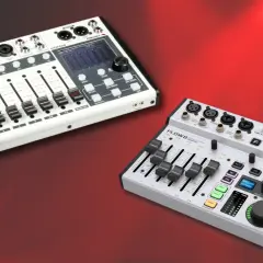 Zwei digitale Mischpulte: ein weißes PROEL DIGIPAD8 und ein silbernes Behringer FLOW8, das als behringer flow 8 nachfolger gehandelt wird.