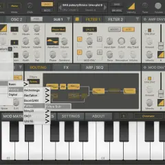 Synthmaster One: Ansicht des Synthesizer-Interfaces mit geöffnetem Wellenform-Menü für OSC1.