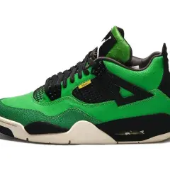 Ein leuchtend grüner Jordan 4 Sneaker mit schwarzen Akzenten. Dieser teuerste Jordan ist ein Sammlerstück.