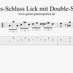 Gitarrennotation für einen Blues-Schluss-Lick mit Double-Stops. Die TAB zeigt die Saiten und Bundpositionen für die bluesigen Riffs.