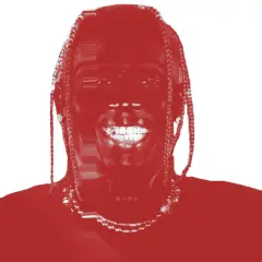 Travis Scott lächelt breit, seine Zöpfe fallen ihm über die Schultern. Ein roter Farbton überzieht das Bild, das an sein neues Album erinnert.