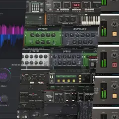 Eine Collage aus verschiedenen Audio-Plugins, darunter Effekte wie Rotary, Blackhole und Vintage Drive, die für Musikproduktion und Sounddesign verwendet werden.