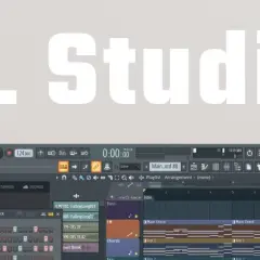 FL Studio-Oberfläche mit dem Titel "FL Studio" darüber. Ein Musikproduzent arbeitet an einem Beat.