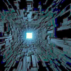 Ein endloser Tunnel aus geometrischen Formen, der in einem hellen Licht endet. Die Szene erinnert an pulsierende techno beats in einer digitalen Welt.