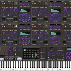 Dexed VST: Sechs FM-Operatoren mit detaillierten Einstellungen, Wellenformen und einer virtuellen Tastatur.