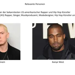Zwei bekannte Hip-Hop-Künstler: Eminem mit blonden Haaren und Kanye West mit dunklem Haar und Bart.