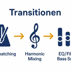 Übergänge: Beatmatching, dann **Harmonic Mixing** mit Notenschlüssel, gefolgt von EQ/Filter Bass Swap.