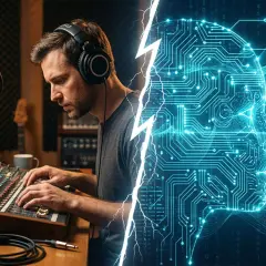 Mann im Tonstudio mischt Musik, daneben ein stilisiertes Kopfprofil aus Schaltkreisen, das eine KI-Stimme symbolisiert.