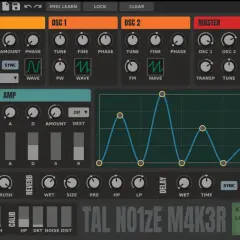 TAL NO1ZE M4K3R Synthesizer-Interface mit Reglern für LFO, Oszillatoren, Filter und Effekte.
