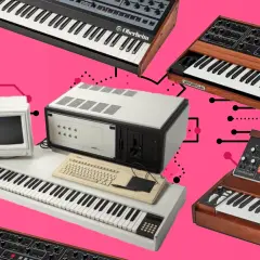 Synthesizer-Hits der 80er: Vintage-Keyboards und ein Computer-Setup für epische Instrumental-Sounds.