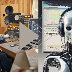 Ein Mann im Tonstudio mischt Musik, während eine KI mit Kopfhörern auf dem Bildschirm den **sound ki**-Prozess überwacht.