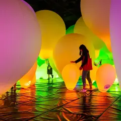 Menschen interagieren mit einer leuchtenden Installation aus riesigen, bunten Ballons. Ein immersives Kunsterlebnis.
