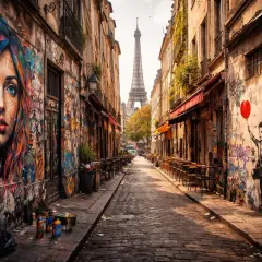 Bunte Pariser Street Art ziert eine Gasse mit Blick auf den Eiffelturm. Ein Mädchen mit Ballon und ein Porträt einer Frau dominieren die Wände.