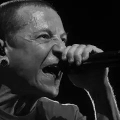 Linkin Park's Chester Bennington singt mit voller Leidenschaft ins Mikrofon, Schweißperlen auf der Stirn.