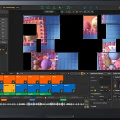 Ein Laptop zeigt eine komplexe vj software mit einer Zeitleiste, Ebenen und einem Vorschaufenster, das in Kacheln zerlegte 3D-Grafiken zeigt.
