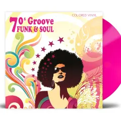 Platten-Cover mit Afro-Frau und psychedelischen Mustern, das "70's Groove FUNK & SOUL" ankündigt. Daneben eine pinke Vinyl-Schallplatte.