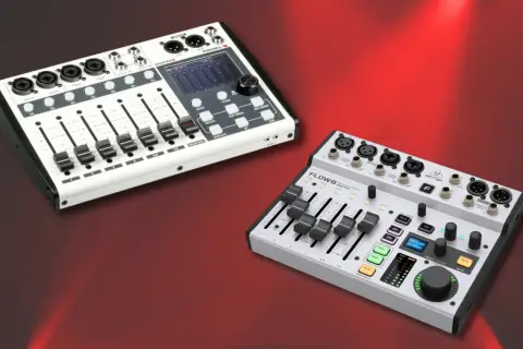 Zwei digitale Mischpulte: ein weißes PROEL DIGIPAD8 und ein silbernes Behringer FLOW8, das als behringer flow 8 nachfolger gehandelt wird.