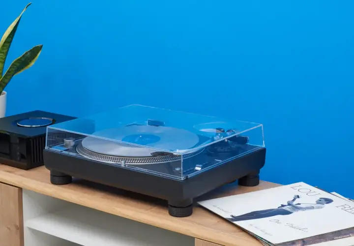 Technics SL-1210GR Plattenspieler mit Vinyl und Pflanzen auf einem Sideboard vor blauer Wand.
