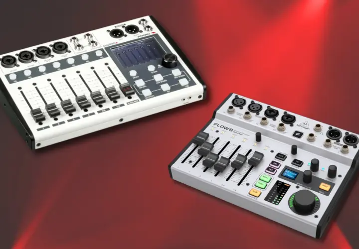 Zwei digitale Mischpulte: ein weißes PROEL DIGIPAD8 und ein silbernes Behringer FLOW8, das als behringer flow 8 nachfolger gehandelt wird.