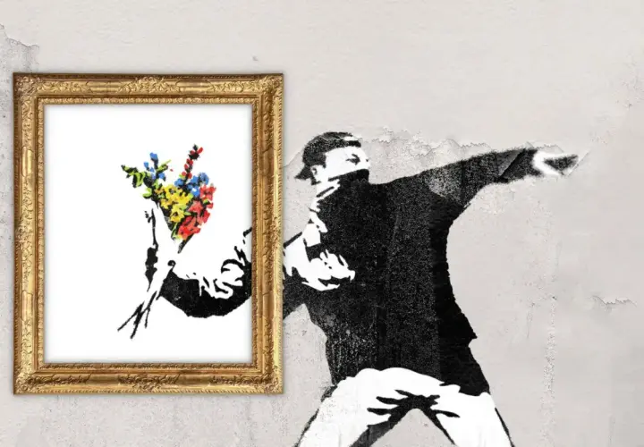 Banksy-Kunst: Ein Mann wirft Blumen statt Molotowcocktails. Ein ikonisches Bild, das die Frage "was ist Banksy" beantwortet.