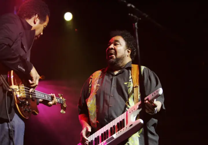 George Duke spielt Keytar und Bassgitarre auf der Bühne.