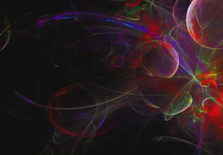 Abstrakte, leuchtende Formen in Rot, Lila und Blau auf schwarzem Hintergrund. Ein Gefühl von Energie und Bewegung, fast wie ein visuelles Erlebnis von Uptempo-Musik.