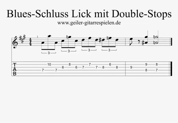 Gitarrennotation für einen Blues-Schluss-Lick mit Double-Stops. Die TAB zeigt die Saiten und Bundpositionen für die bluesigen Riffs.