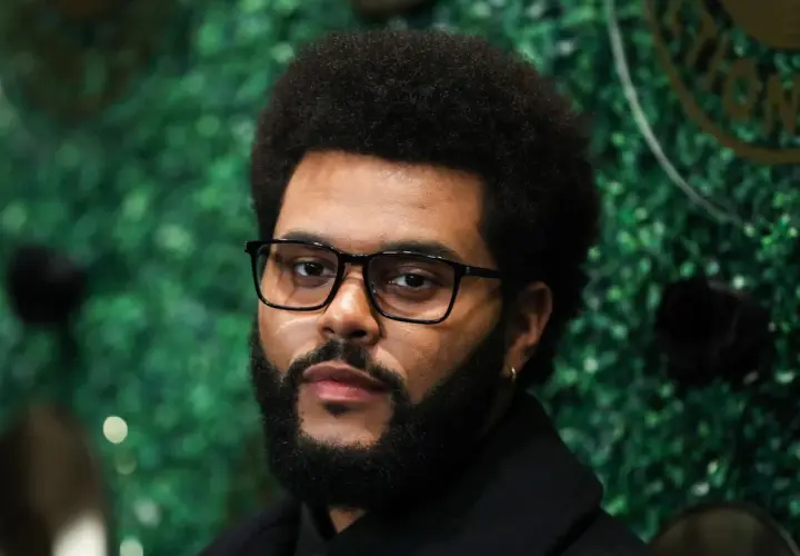 The Weeknd, mit Brille und Bart, posiert vor einer grünen Wand. Seine Musikkarriere begann in Toronto, Kanada.