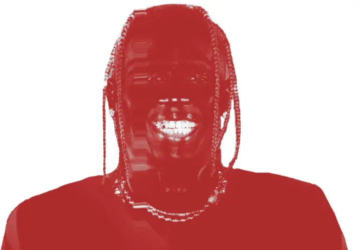 Travis Scott lächelt breit, seine Zöpfe fallen ihm über die Schultern. Ein roter Farbton überzieht das Bild, das an sein neues Album erinnert.