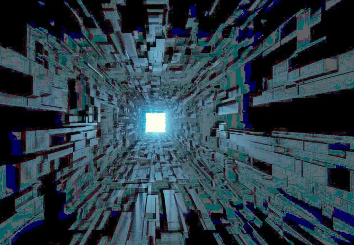 Ein endloser Tunnel aus geometrischen Formen, der in einem hellen Licht endet. Die Szene erinnert an pulsierende techno beats in einer digitalen Welt.
