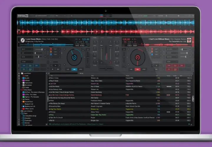 Ein DJ-Setup mit VirtualDJ-Software, bereit für den auto dj-Modus. Wellenformen und Songlisten sind sichtbar.