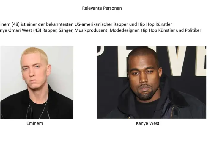 Zwei bekannte Hip-Hop-Künstler: Eminem mit blonden Haaren und Kanye West mit dunklem Haar und Bart.