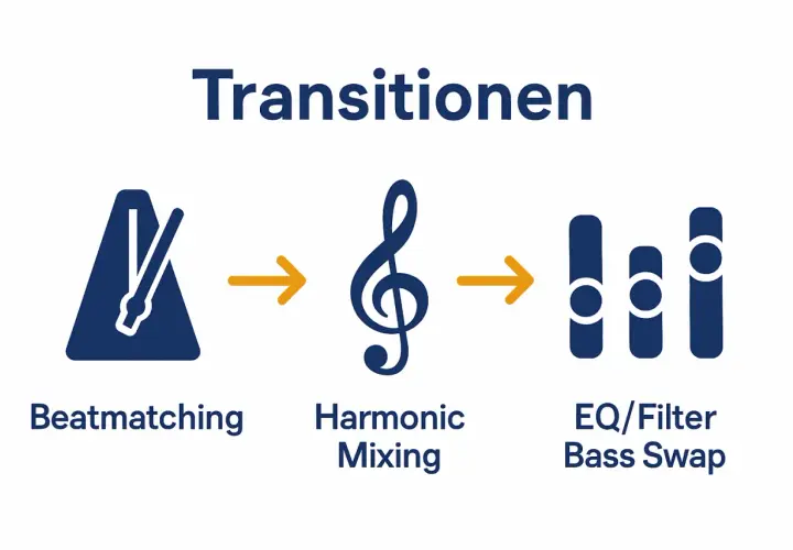 Übergänge: Beatmatching, dann **Harmonic Mixing** mit Notenschlüssel, gefolgt von EQ/Filter Bass Swap.