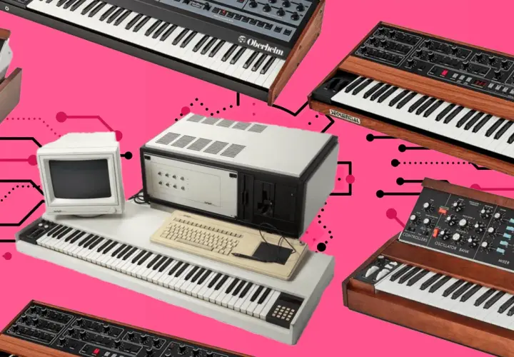 Synthesizer-Hits der 80er: Vintage-Keyboards und ein Computer-Setup für epische Instrumental-Sounds.