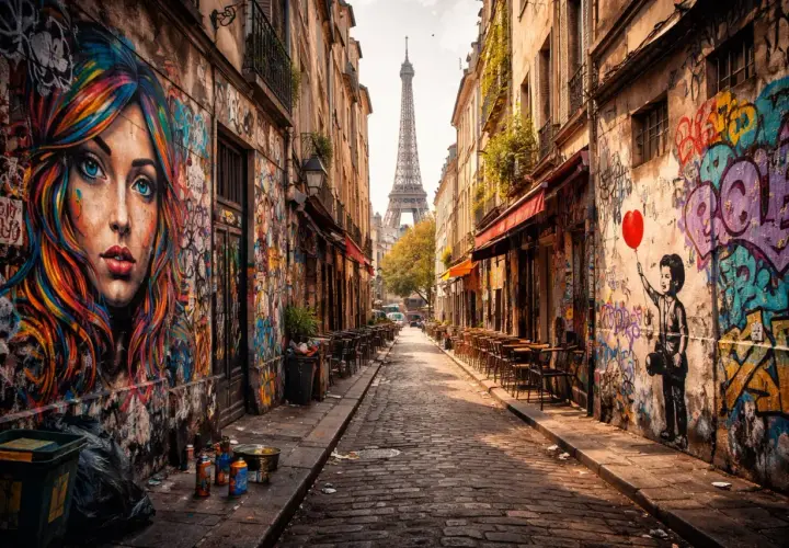 Bunte Pariser Street Art ziert eine Gasse mit Blick auf den Eiffelturm. Ein Mädchen mit Ballon und ein Porträt einer Frau dominieren die Wände.