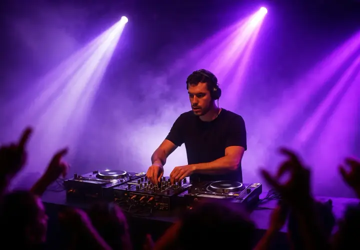 Ein DJ legt im pulsierenden Licht auf, während die Menge jubelt. Der DJ-Pool ist voller Energie und Musik.