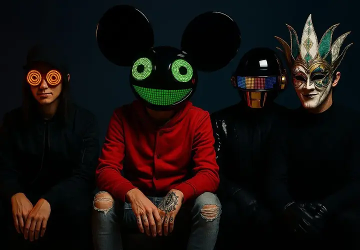 Vier DJs mit Masken: einer mit leuchtenden Augen, ein anderer mit Maus-Maske, ein dritter mit Daft Punk-Helm und ein vierter mit venezianischer Maske.
