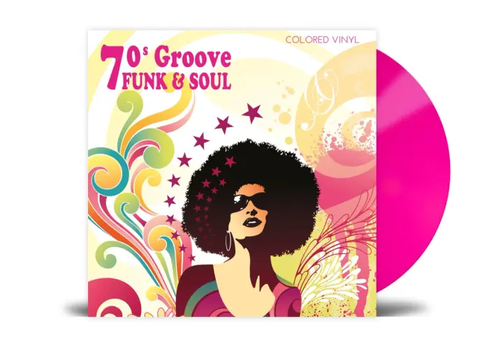 Platten-Cover mit Afro-Frau und psychedelischen Mustern, das "70's Groove FUNK & SOUL" ankündigt. Daneben eine pinke Vinyl-Schallplatte.