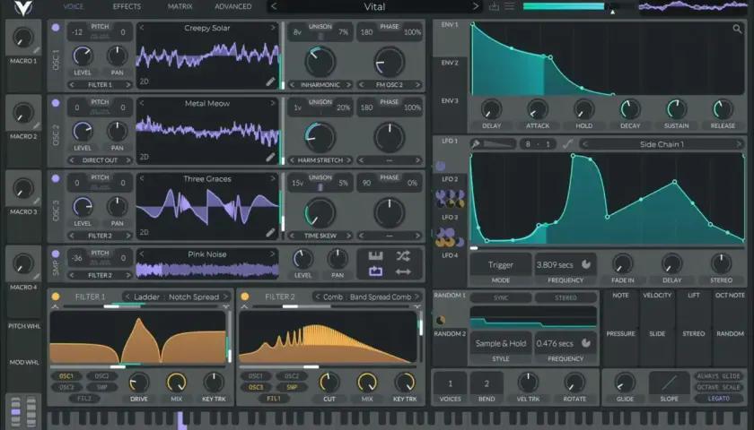 Vital VST: Synthesizer-Interface mit Wellenformen, Filtern und LFOs. Kreative Klangerzeugung.