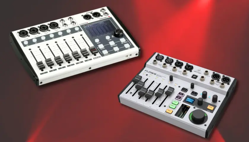 Zwei digitale Mischpulte: ein weißes PROEL DIGIPAD8 und ein silbernes Behringer FLOW8, das als behringer flow 8 nachfolger gehandelt wird.