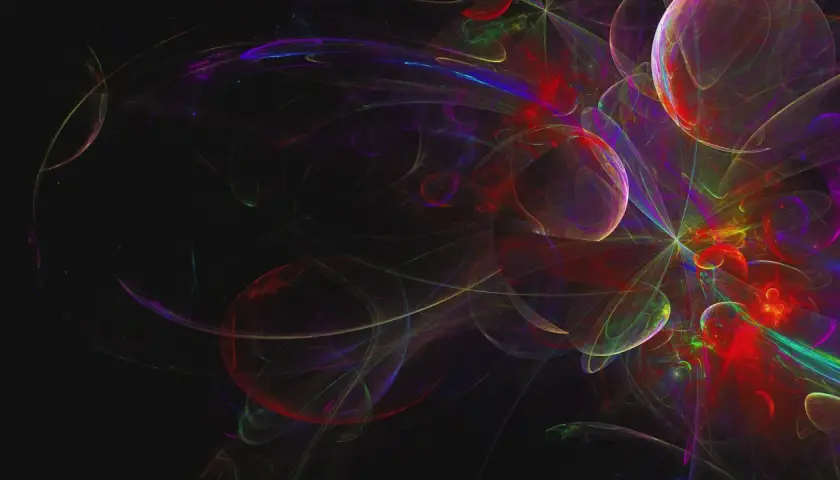 Abstrakte, leuchtende Formen in Rot, Lila und Blau auf schwarzem Hintergrund. Ein Gefühl von Energie und Bewegung, fast wie ein visuelles Erlebnis von Uptempo-Musik.