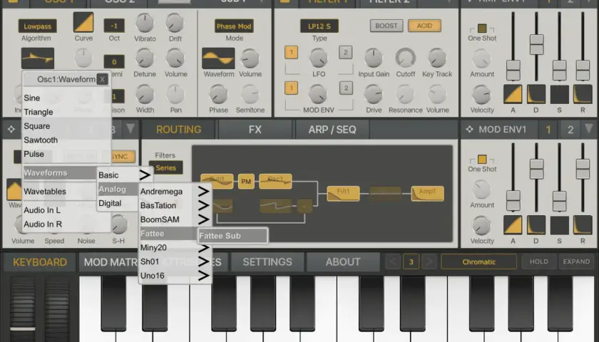 Synthmaster One: Ansicht des Synthesizer-Interfaces mit geöffnetem Wellenform-Menü für OSC1.