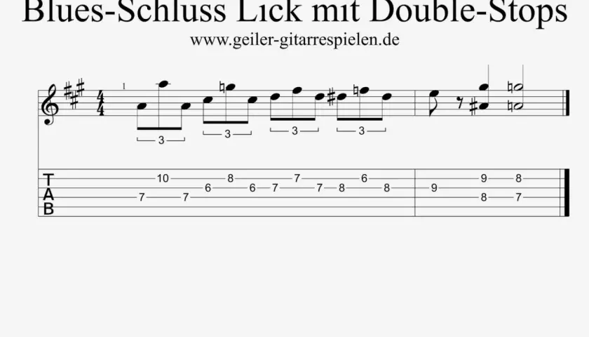 Gitarrennotation für einen Blues-Schluss-Lick mit Double-Stops. Die TAB zeigt die Saiten und Bundpositionen für die bluesigen Riffs.