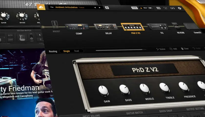 Ein Gitarren-Rig mit Bias FX 2, das verschiedene Effekte wie Boost, Comp, Delay und EQ zeigt.