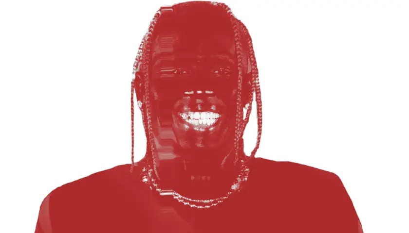 Travis Scott lächelt breit, seine Zöpfe fallen ihm über die Schultern. Ein roter Farbton überzieht das Bild, das an sein neues Album erinnert.