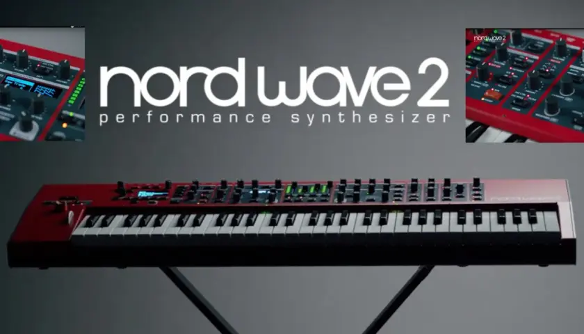 Rotes Nord Wave 2 Performance Synthesizer-Keyboard mit vielen Reglern und Tasten, bereit für musikalische Kreationen.