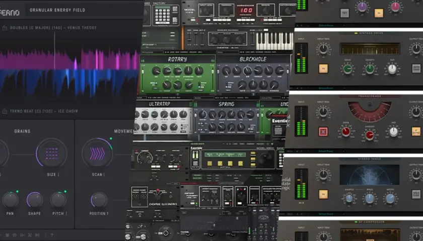 Eine Collage aus verschiedenen Audio-Plugins, darunter Effekte wie Rotary, Blackhole und Vintage Drive, die für Musikproduktion und Sounddesign verwendet werden.