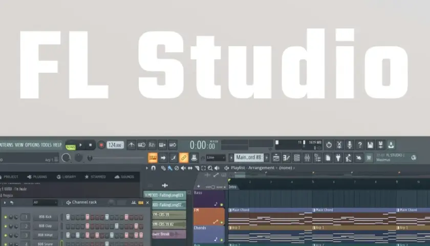FL Studio-Oberfläche mit dem Titel "FL Studio" darüber. Ein Musikproduzent arbeitet an einem Beat.